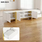 Mobile TV da 74 pollici con gambe scanalate in legno dorato, adatto a TV fino a 80 pollici, con armadietto contenitore, ideale per soggiorni, bianco