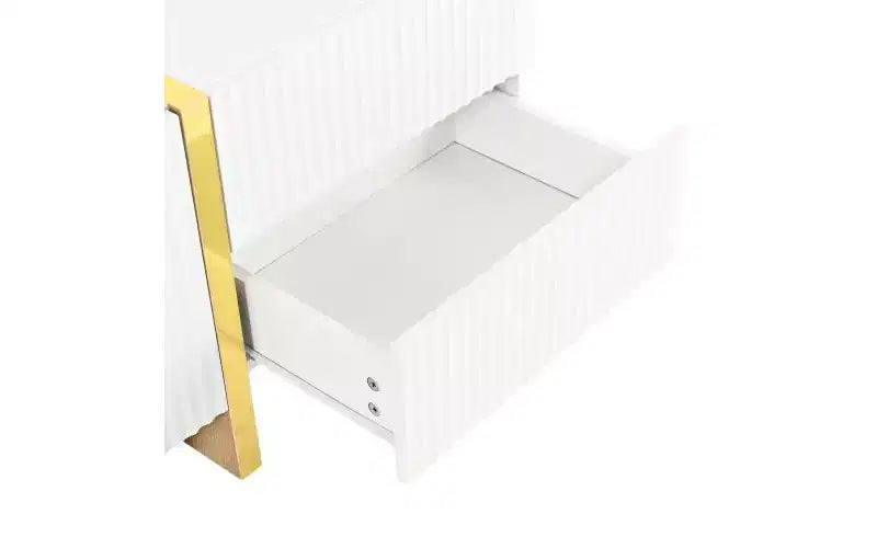 Mobile TV da 74 pollici con gambe scanalate in legno dorato, adatto a TV fino a 80 pollici, con armadietto contenitore, ideale per soggiorni, bianco