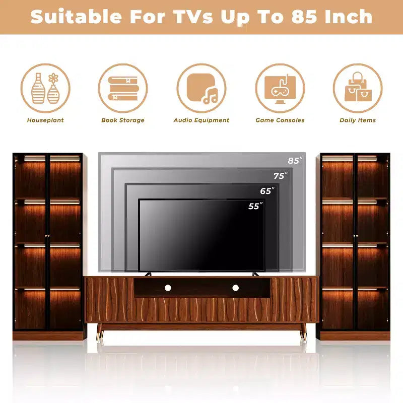 Mobile TV moderno di metà secolo in noce con vano portaoggetti e due vetrine a 4 ripiani, set mobile multimediale in legno marrone per TV fino a 85 pollici