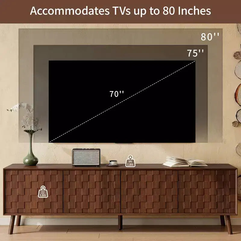 Mobile TV moderno con gambe in legno massello e ante con motivo quadrato testurizzato