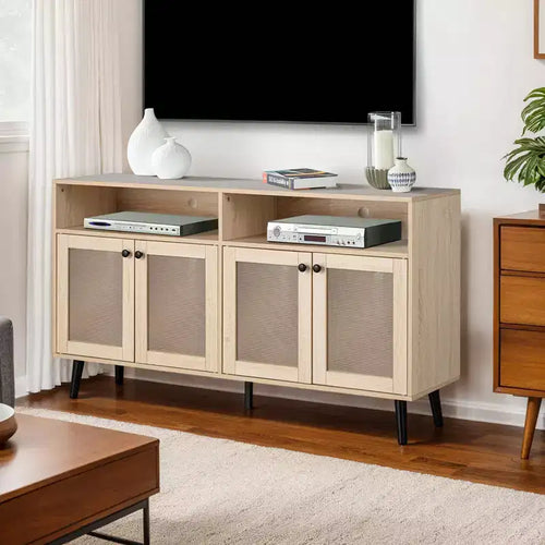 JVNOXK 56-inch mid-century modern TV stand, entertainment center with open shelving, tapered leg design, round knob cabinet doors, natural