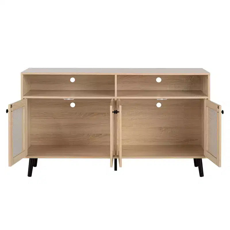 Mobile porta TV Mid-Century Modern da 56 pollici, Centro d'intrattenimento con ripiani aperti, Gambe affusolate, Ante dell'armadietto con pomello rotondo, Naturale