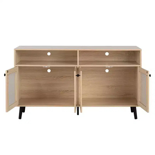 Mobile porta TV Mid-Century Modern da 56 pollici, Centro d'intrattenimento con ripiani aperti, Gambe affusolate, Ante dell'armadietto con pomello rotondo, Naturale