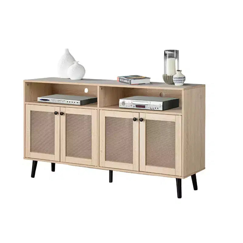 Mobile porta TV Mid-Century Modern da 56 pollici, Centro d'intrattenimento con ripiani aperti, Gambe affusolate, Ante dell'armadietto con pomello rotondo, Naturale