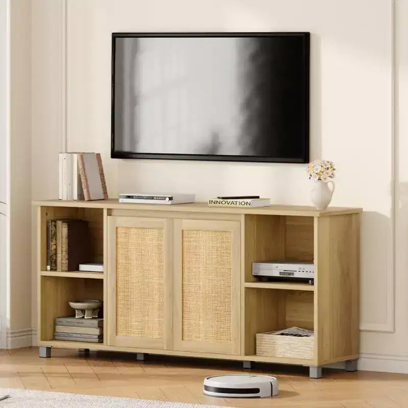 Mobile TV in rattan, centro di intrattenimento moderno da 63 pollici con ripiani e armadietti, anta in rattan, mobile TV bohémien per soggiorno