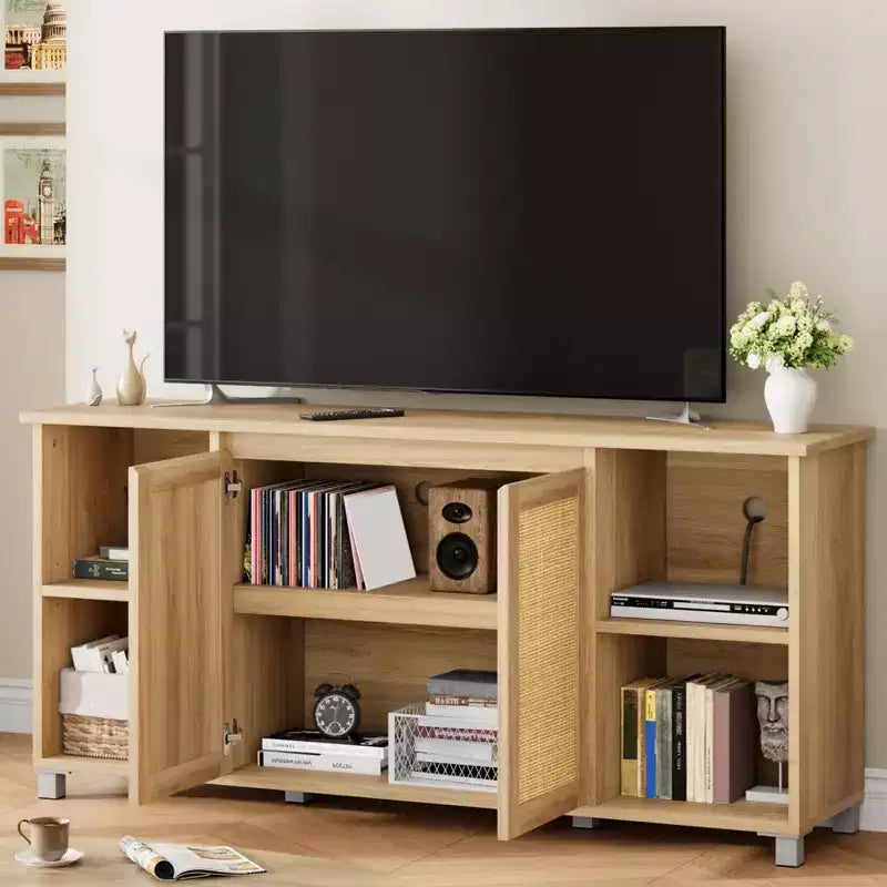 Mobile TV in rattan, centro di intrattenimento moderno da 63 pollici con ripiani e armadietti, anta in rattan, mobile TV bohémien per soggiorno