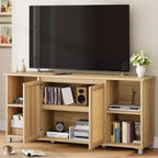 Mobile TV in rattan, centro di intrattenimento moderno da 63 pollici con ripiani e armadietti, anta in rattan, mobile TV bohémien per soggiorno