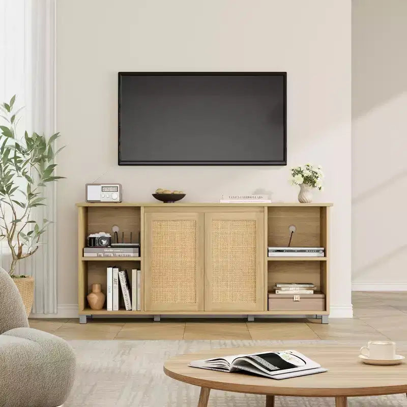 Mobile TV in rattan, centro di intrattenimento moderno da 63 pollici con ripiani e armadietti, anta in rattan, mobile TV bohémien per soggiorno