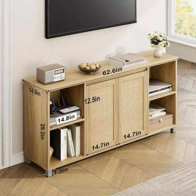 Mobile TV in rattan, centro di intrattenimento moderno da 63 pollici con ripiani e armadietti, anta in rattan, mobile TV bohémien per soggiorno