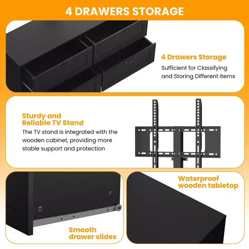Mobile porta TV con supporto e 4 cassetti per TV da 32/45/55/65/75/80 pollici, mobile TV per camera da letto, soggiorno, mobile multimediale in legno