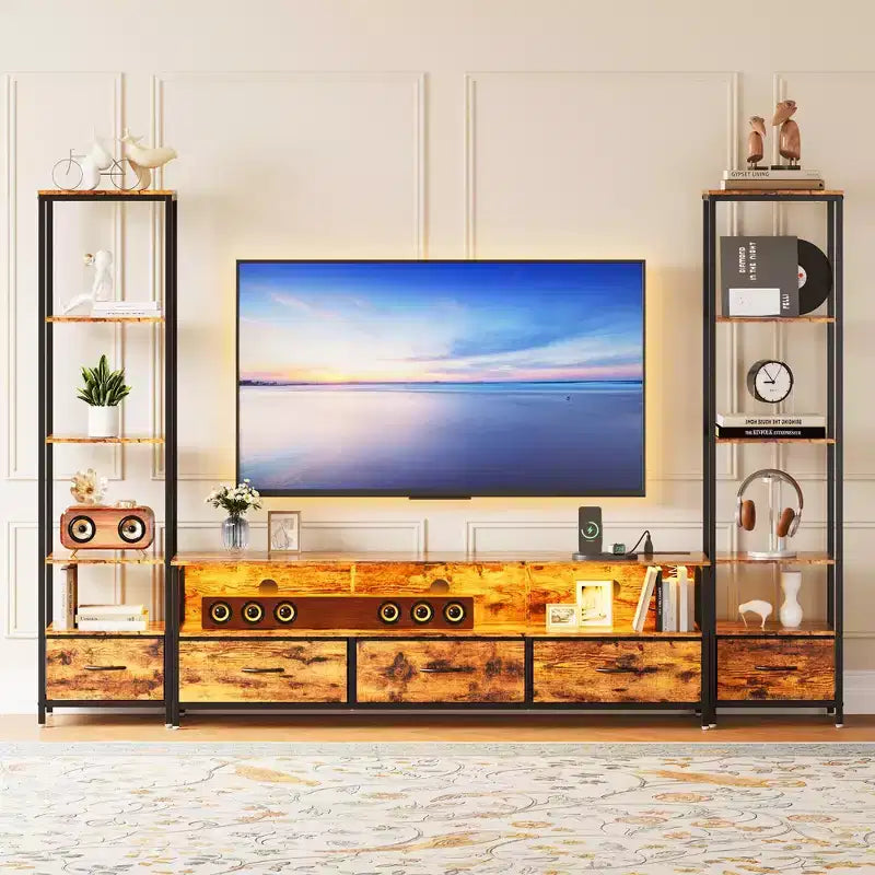Mobile TV moderno con libreria, centro di intrattenimento compatto in legno e metallo con cassetto in tessuto per soggiorno
