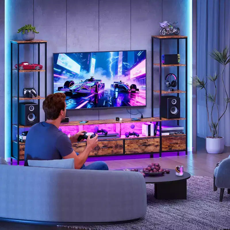 Mobile TV moderno con libreria, centro di intrattenimento compatto in legno e metallo con cassetto in tessuto per soggiorno