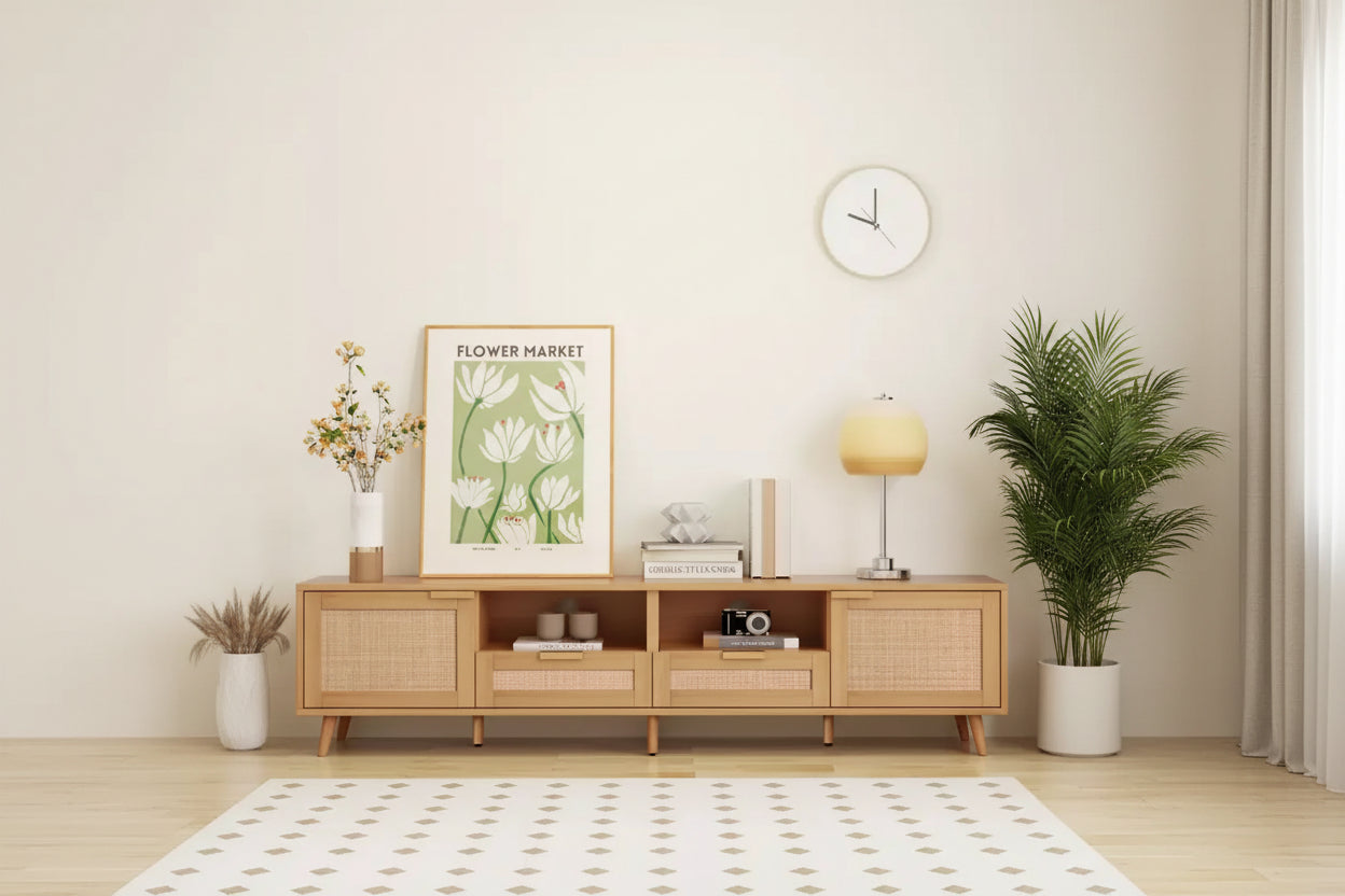 Mobile TV in Stile Modern Farmhouse con Design in Rattan e 2 Cassetti