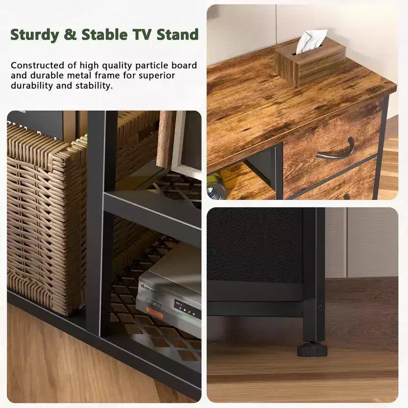Mobile TV 140 cm Marrone con Comodino, Stazione di Ricarica, Luci a LED, 6 Cassetti in Tessuto, Centro di Intrattenimento per TV fino a 152 cm, Portaoggetti per Camera da Letto