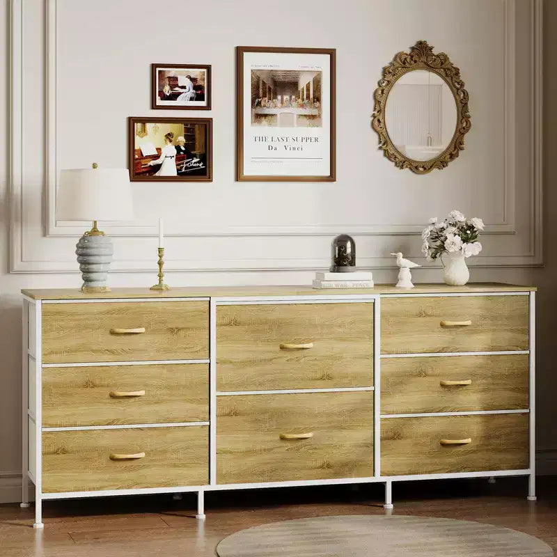 Mobile TV, Cassettiera in Tessuto a 8 Cassetti con Piano in Legno, Centro di Intrattenimento, Mobile TV Console Moderno per Camera da Letto Soggiorno