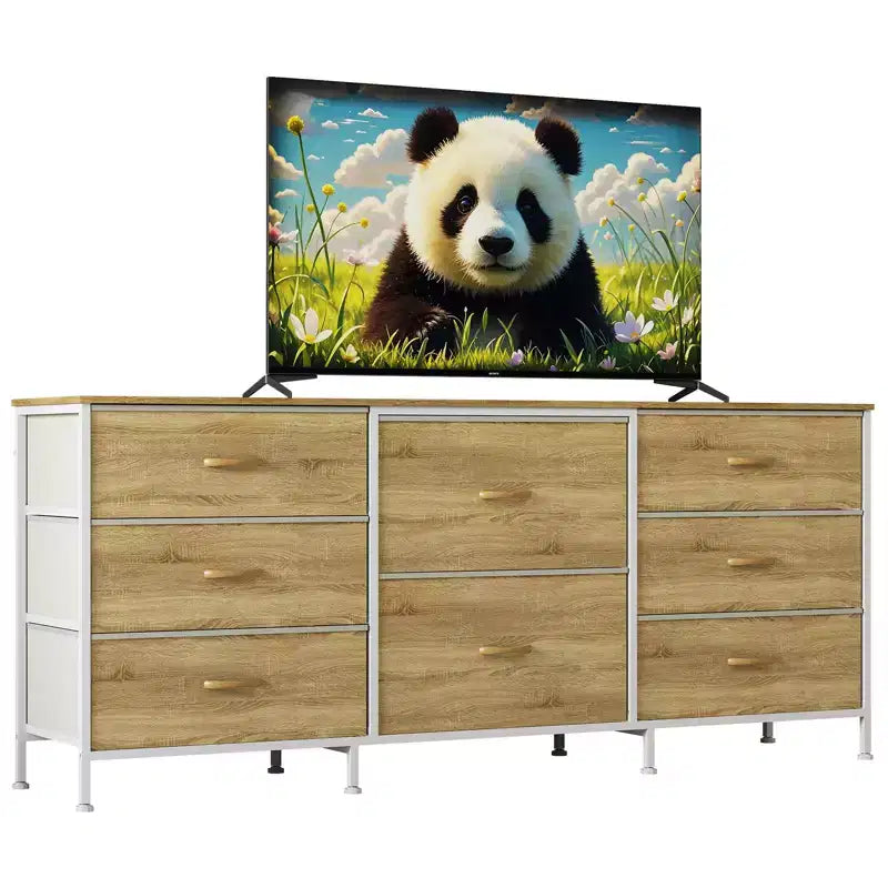 Mobile TV, Cassettiera in Tessuto a 8 Cassetti con Piano in Legno, Centro di Intrattenimento, Mobile TV Console Moderno per Camera da Letto Soggiorno