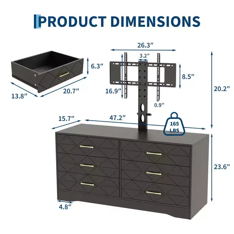 Mobile TV a 6 cassetti con supporto per TV da 32 a 80 pollici, centro di intrattenimento in legno con altezza regolabile, console multimediale con vani portaoggetti