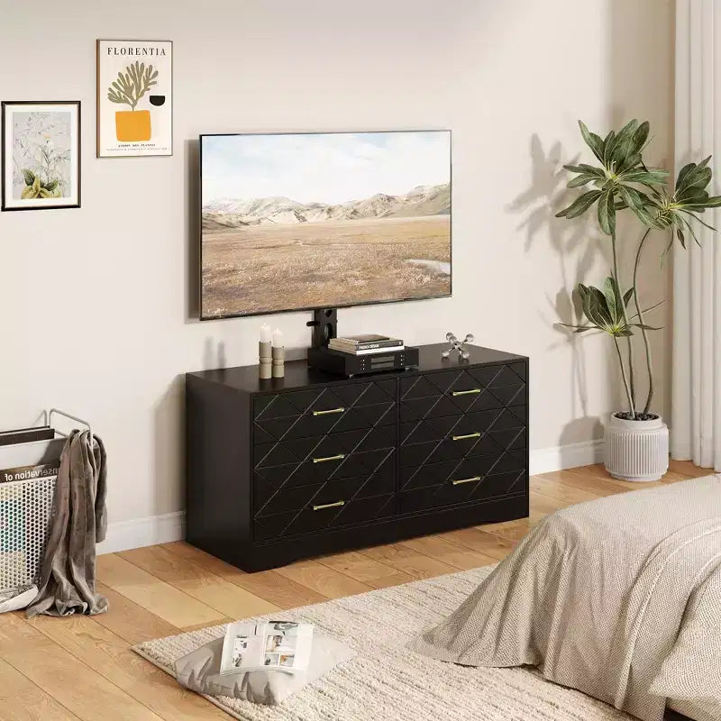Mobile TV a 6 cassetti con supporto per TV da 32 a 80 pollici, centro di intrattenimento in legno con altezza regolabile, console multimediale con vani portaoggetti