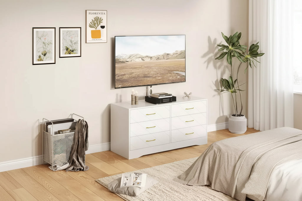 Mobile TV a 6 cassetti con supporto per TV da 32 a 80 pollici, centro di intrattenimento in legno con altezza regolabile, console multimediale con vani portaoggetti