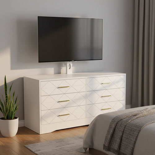 6 Drawer TV Stand with Mount for 32-80 Inch TVs, Wood Entertainment Center with Adjustable Height, Media Console Storage