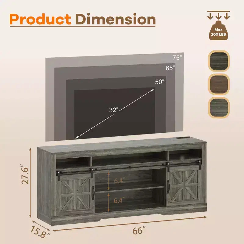 Mobile TV da 66" per TV da 75", Porta TV da Soggiorno con Ante Scorrevole, Vano a Giorno e Ripiano Regolabile